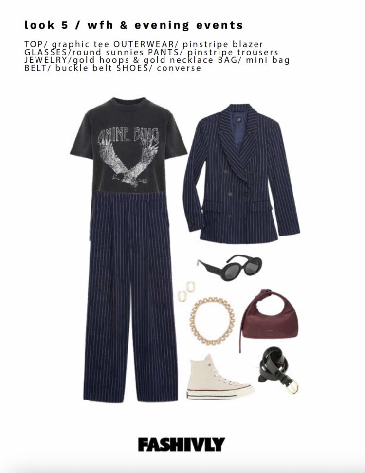 Look 5 from my Fashivly style guide features a faded black graphic t-shirt from Anine Bing under a navy pinstripe pantsuit. the outfit is styled with parchment colored Converse high-tops, a Kenneth Jay Lane statement necklace, black belt, burgundy STAUD handbag, and black D&G oversized black sunglasses.